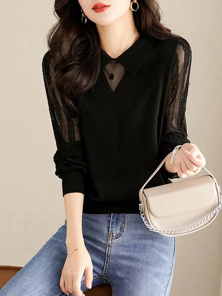 Spring and autumn thin lace knitted sweater with a sense of design, long-sleeved top, new style for women, stylish and youthful, small lapel base sweater pic 4