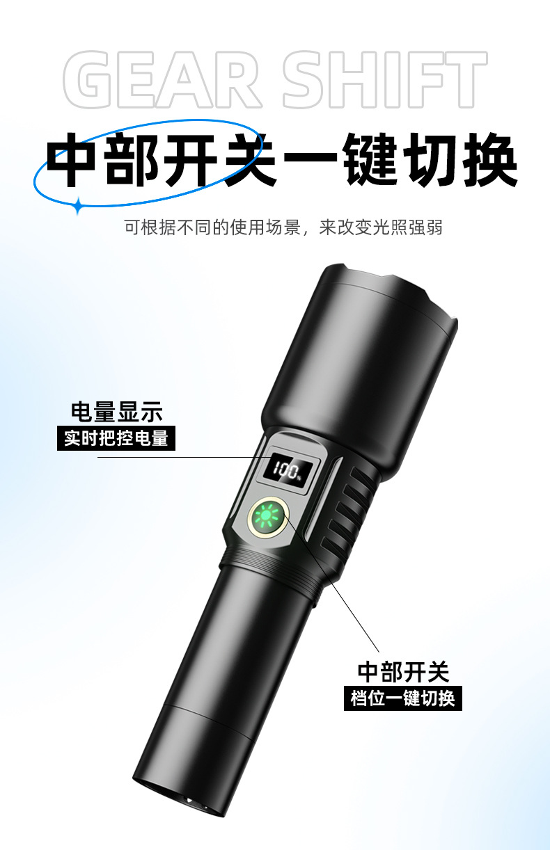 Cross-border white laser zoom high-intensity flashlight, outdoor waterproof, USB charging, power display, high-power LED flashlight pic 4