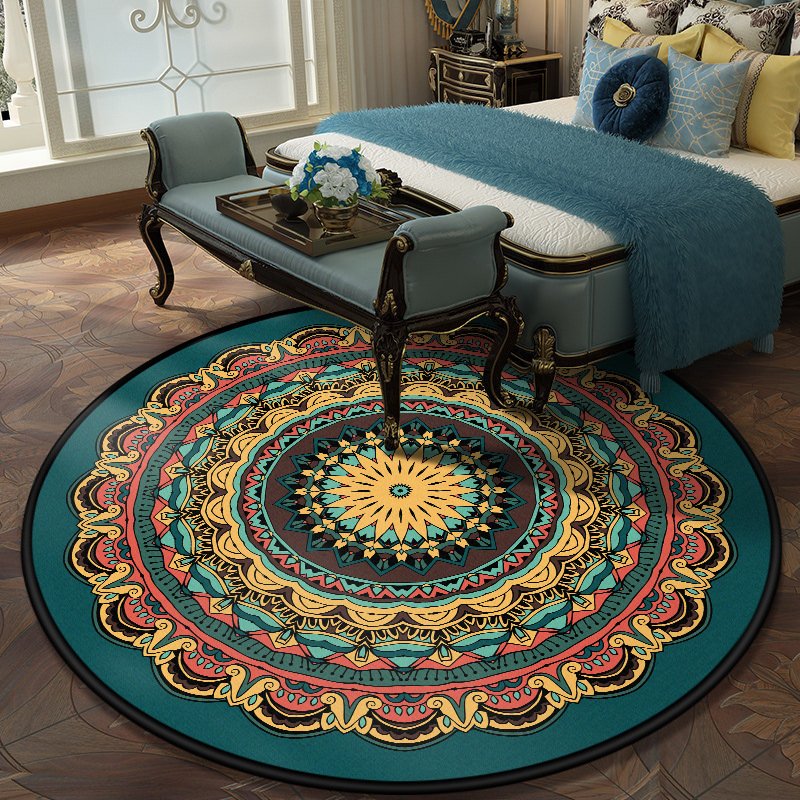 Cross-border ethnic wind round floor mat alfombra cristal de peluche mandala estampada mesa de centro cesta colgante sala de estar hogar pic 12