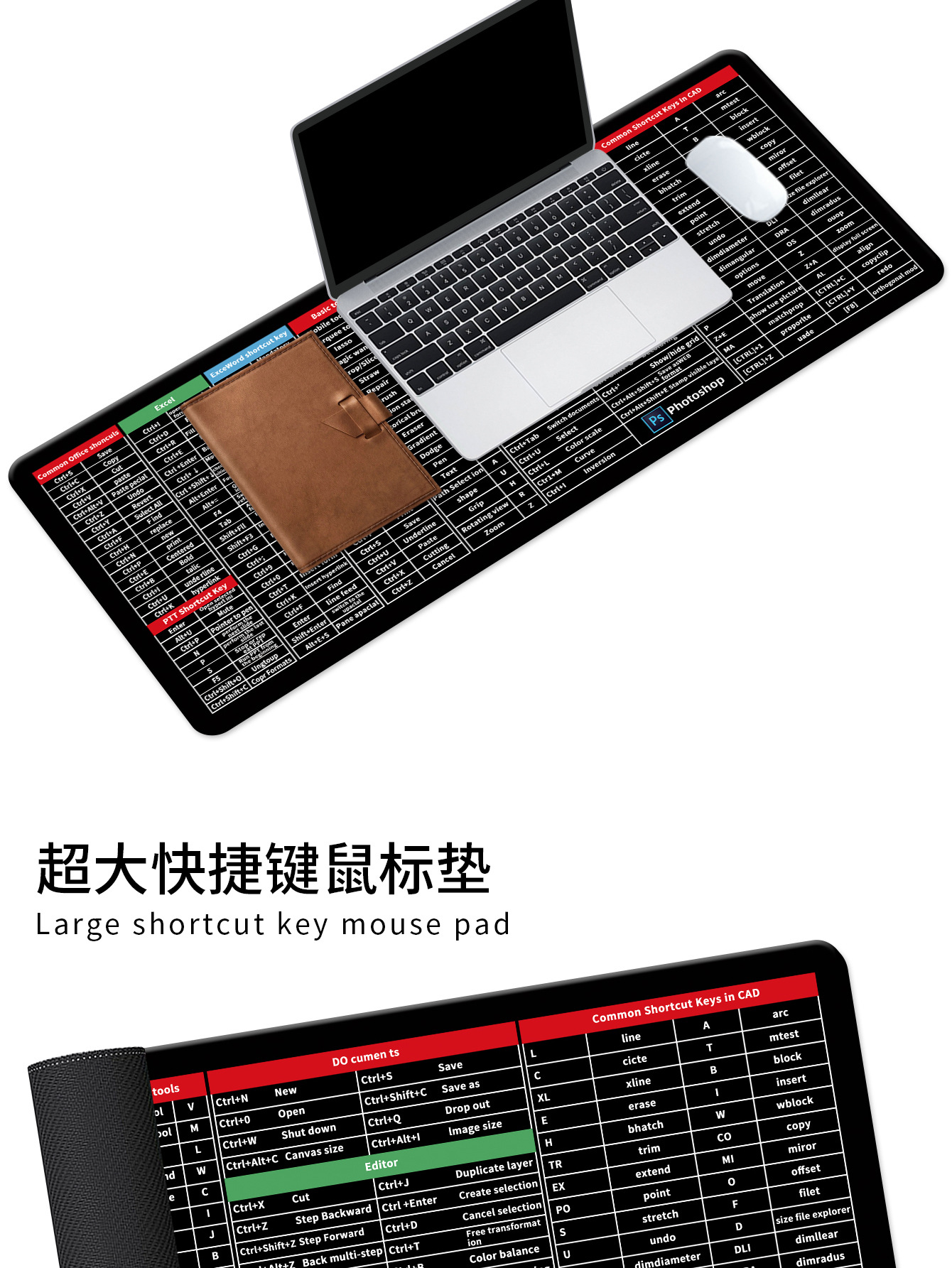 鼠标垫超大耐脏办公英文快捷键电脑键盘游戏书桌垫防滑加厚垫子详情7