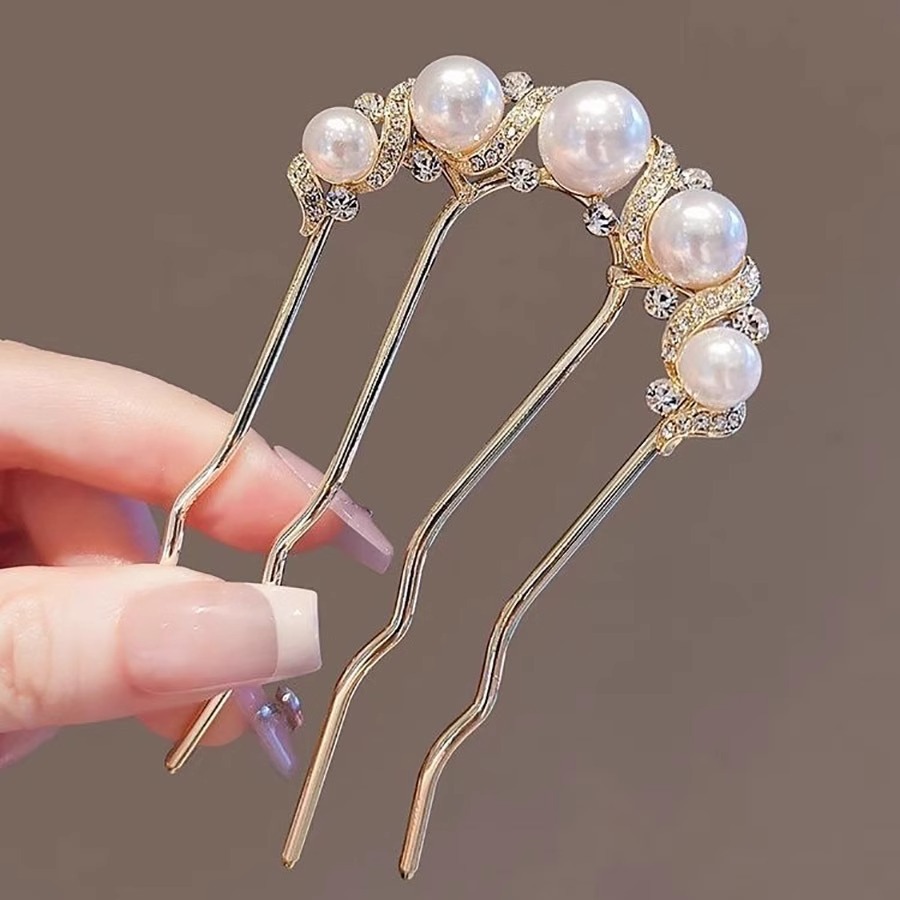 New Chinese-style bun hair hairpin, pearl four-toothed comb hairpin, U-shaped hairpin, elegant updo, hair comb pic 20