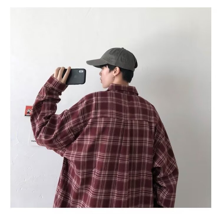 美式春秋季日系长袖格子衬衫男士韩版潮流ins网红休闲款衬衣外套详情7