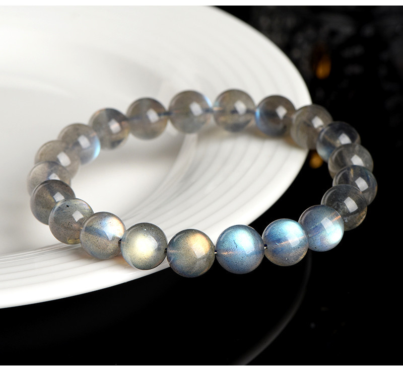 Jiuya Crystal Natural Moonstone Loose Bead Bracelet, Pure Body Color Light Gray Moonlight Elongated Stone Round Bead Bracelet pic 13