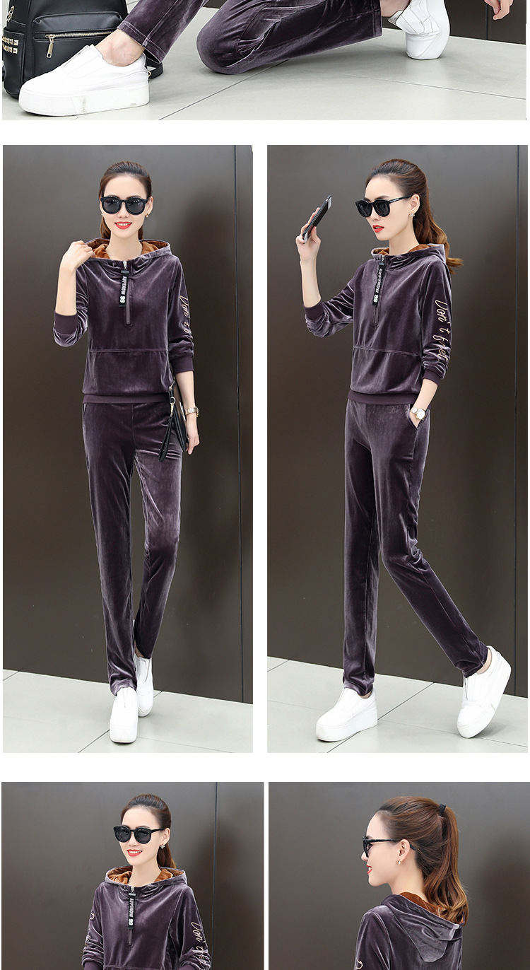 Velvet sportswear for women, 2020 spring and winter, hooded fashion, Korean-style plus-size sweatshirt, casual two-piece set, trendy pic 11