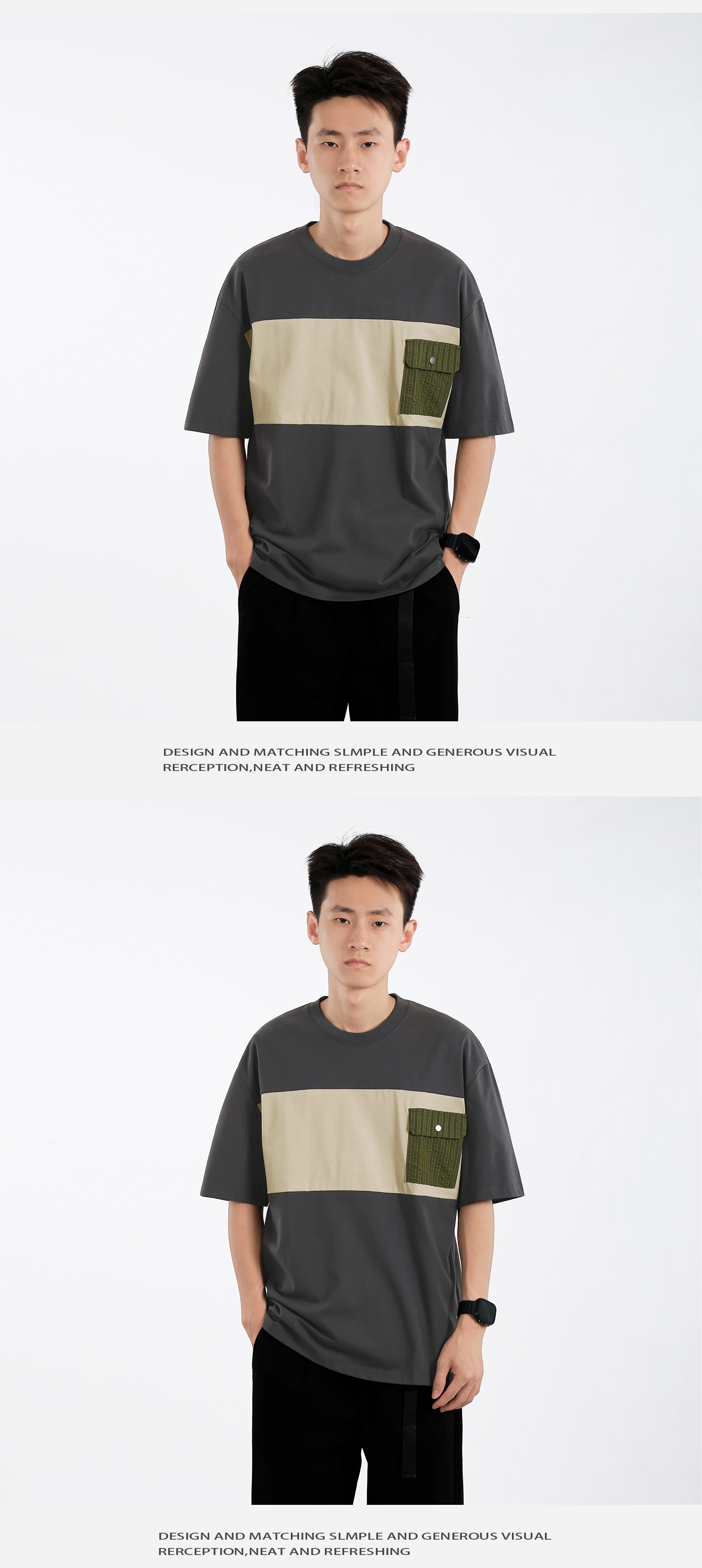 Pocket design, color-blocking short-sleeved T-shirt for men, loose, casual and versatile in summer, round-neck breathable half-sleeve pic 6