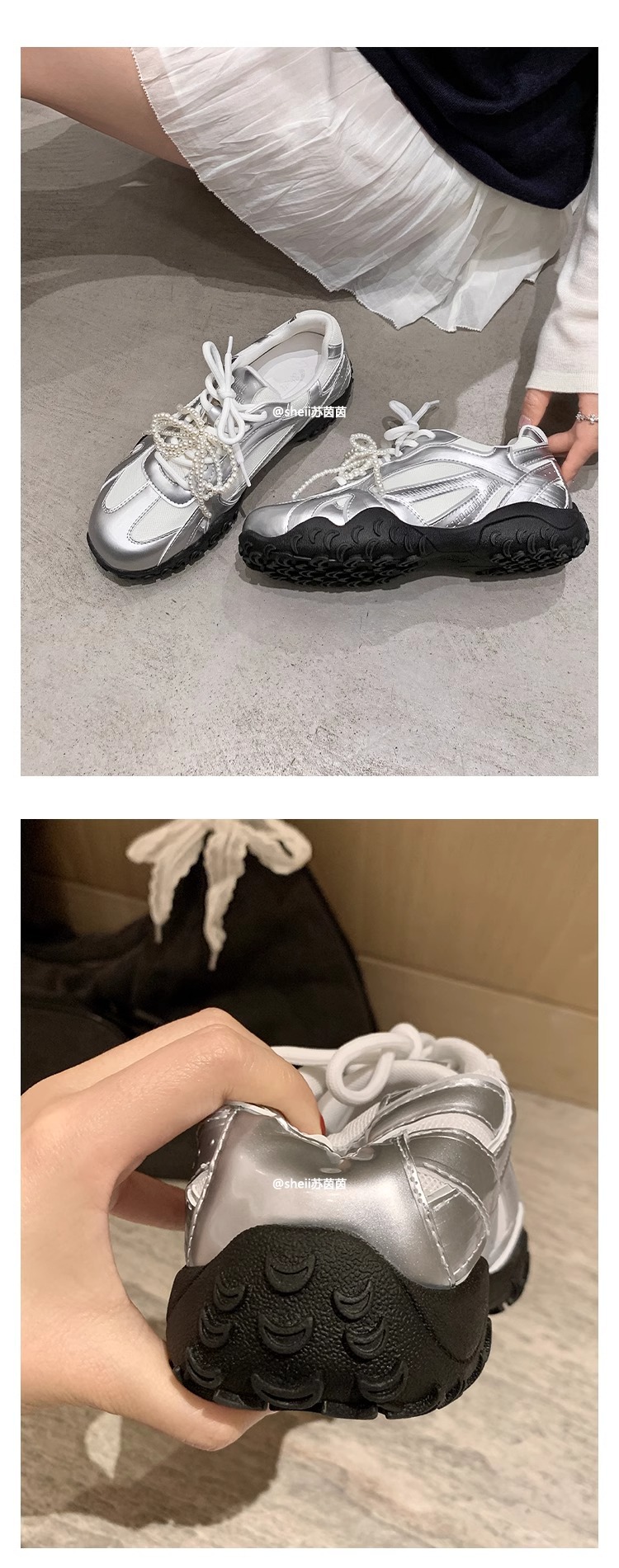 苏茵茵月牙底运动鞋蕾丝珍珠鸳鸯带厚底休闲鞋女德训鞋女小白鞋详情8
