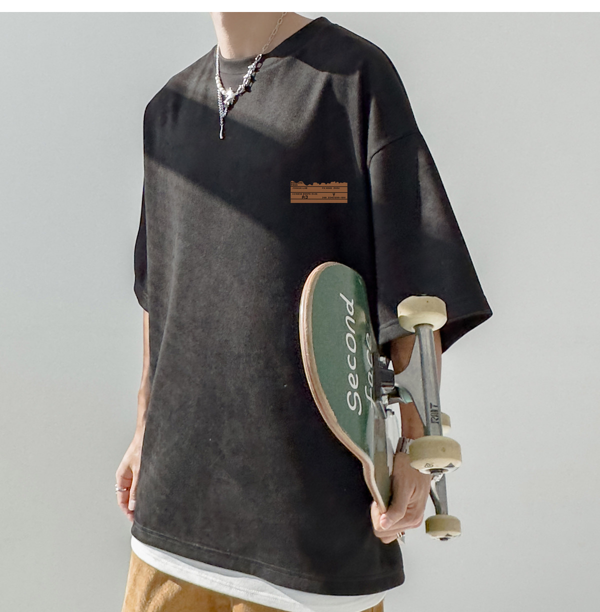 简恒咖色重磅美式复古男士短袖t恤夏季男款百搭仿麂皮绒定制T恤潮详情24