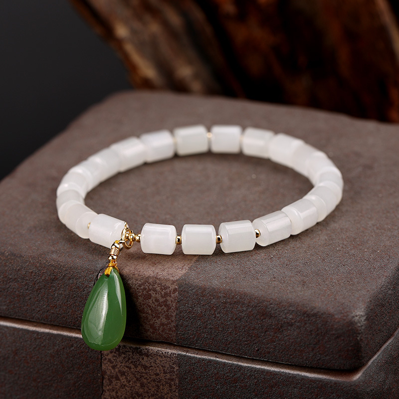 DIY pure gold 18K handcrafted series, natural and versatile old material Hetian jade bucket bead bracelet, small drops of jade water pic 4