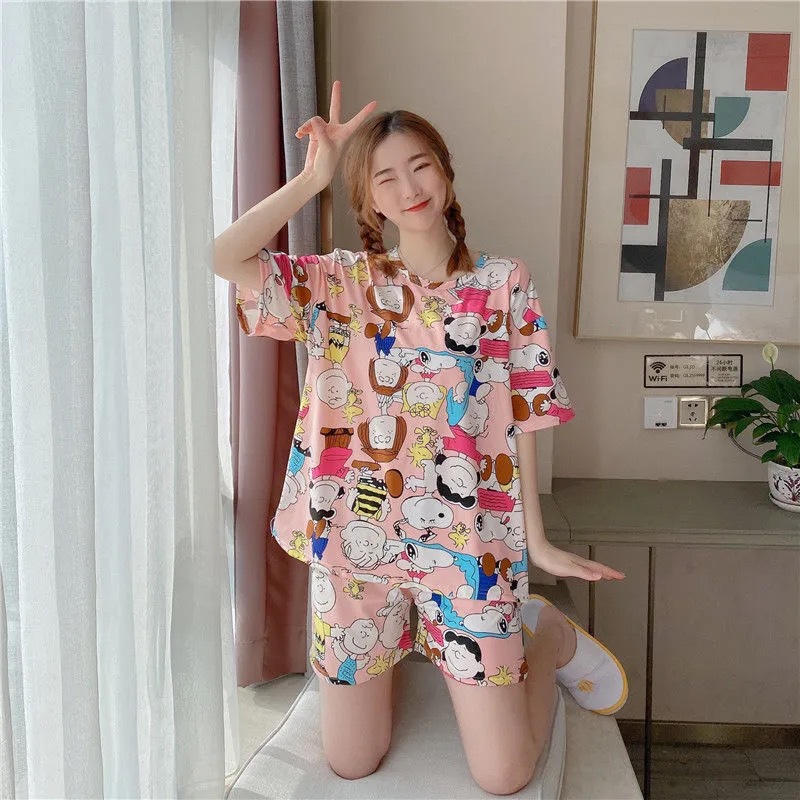 New summer short-sleeved pajamas for women, Korean-style casual cartoon, cute and loose home wear, suitable for wearing outside pic 19