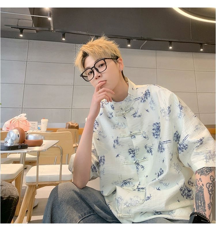 国潮青少年中国风竹子免烫处理短袖衬衫男夏季新中式盘扣潮流宽松半袖详情12