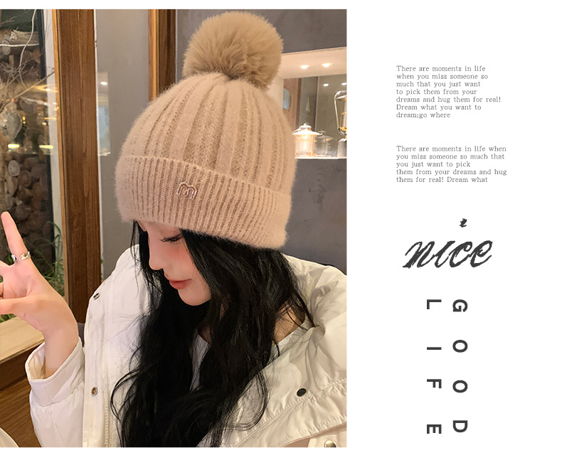 新款秋冬季针织毛球显脸小套头帽户外加绒保暖女甜美护耳毛线帽子详情20