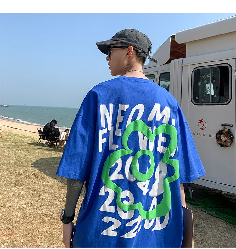 潮牌男装直播货源 190g克新疆棉宽松韩版T恤发泡印花朵袖短男t详情7