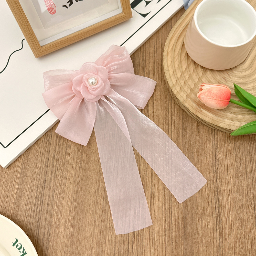 法式雪纺珍珠山茶花蝴蝶结发夹 珠光缎面甜美仙气弹簧夹不伤发头饰 手腕花装饰精致女士礼物详情8