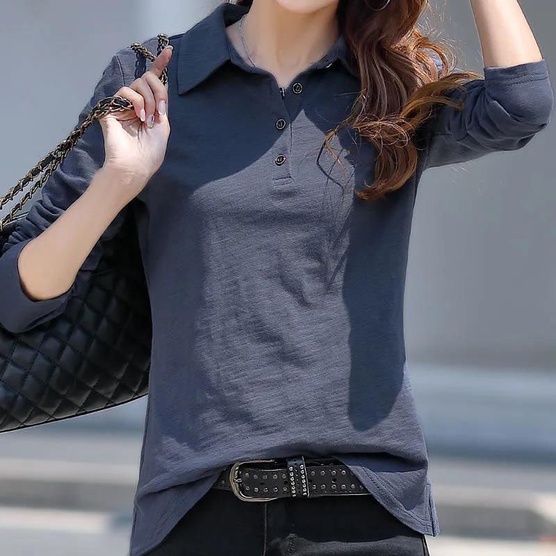 Autumn 2022 new style pure cotton long-sleeved T-shirt for women, loose and versatile, women's V-neck purple top base layer with buttons pic 10