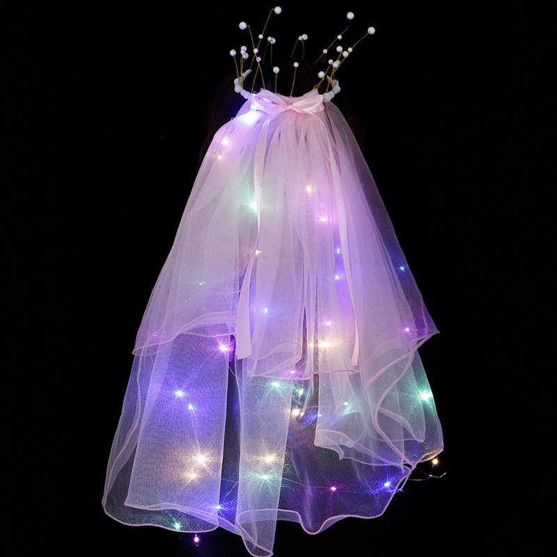 彩色头纱带灯发光双层流苏珍珠皇冠闪光丝带蝴蝶结头纱头饰夜市地详情8