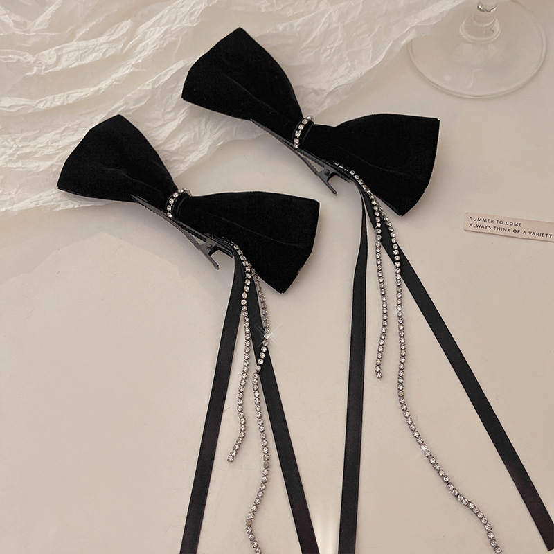 French-style bow ribbon diamond-encrusted tassel hair clip, a niche, light luxury and high-end look, side duckbill hair clip for women pic 5