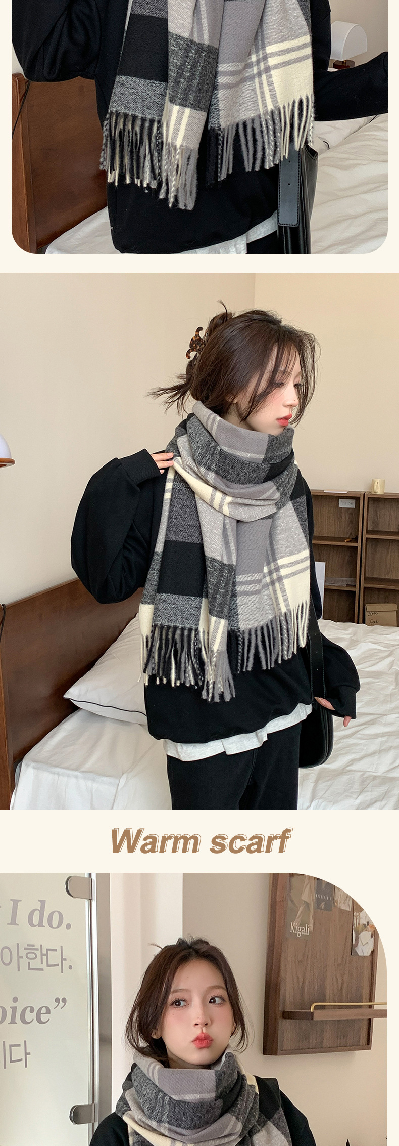 Wholesale of new autumn/Winter 2024 faux cashmere scarves for women, thick and warm outerwear with shawls, and simple student checkered scarves pic 14