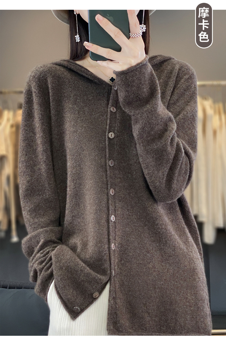 女士连帽100羊毛衫开衫百搭秋冬新款纯色一线成衣潮卫衣针织外套详情20
