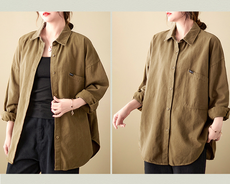 4色入纯色翻领长袖衬衫外套女宽松2024秋季新款文艺大口袋衬衣潮详情20