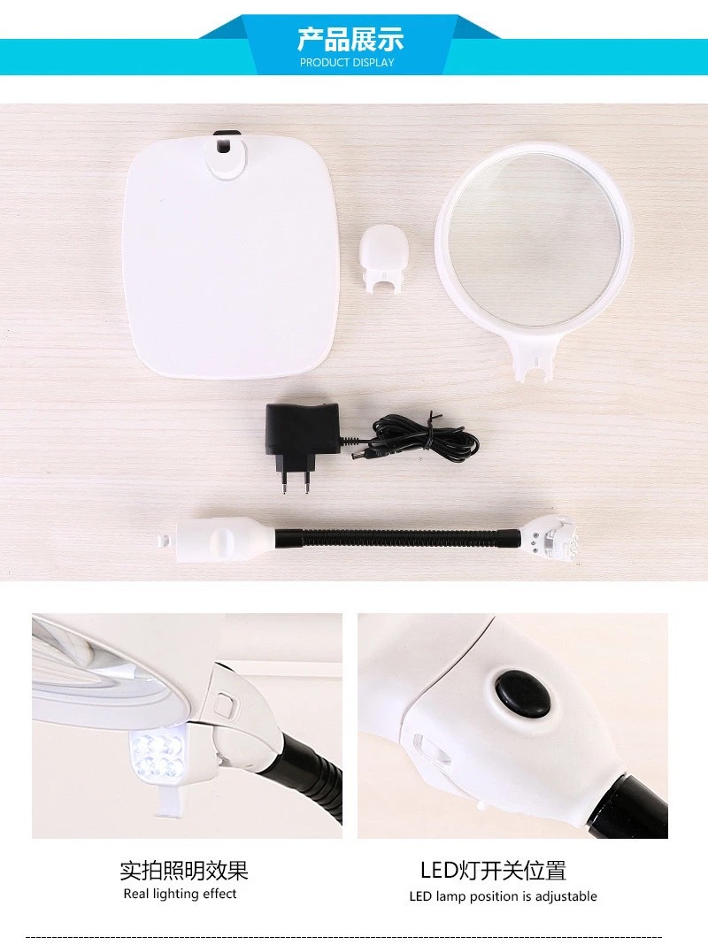 New desktop 6LED lamp lens interchangeable desktop 138mm large visual reading maintenance 8x magnifying glass 7765 pic 12