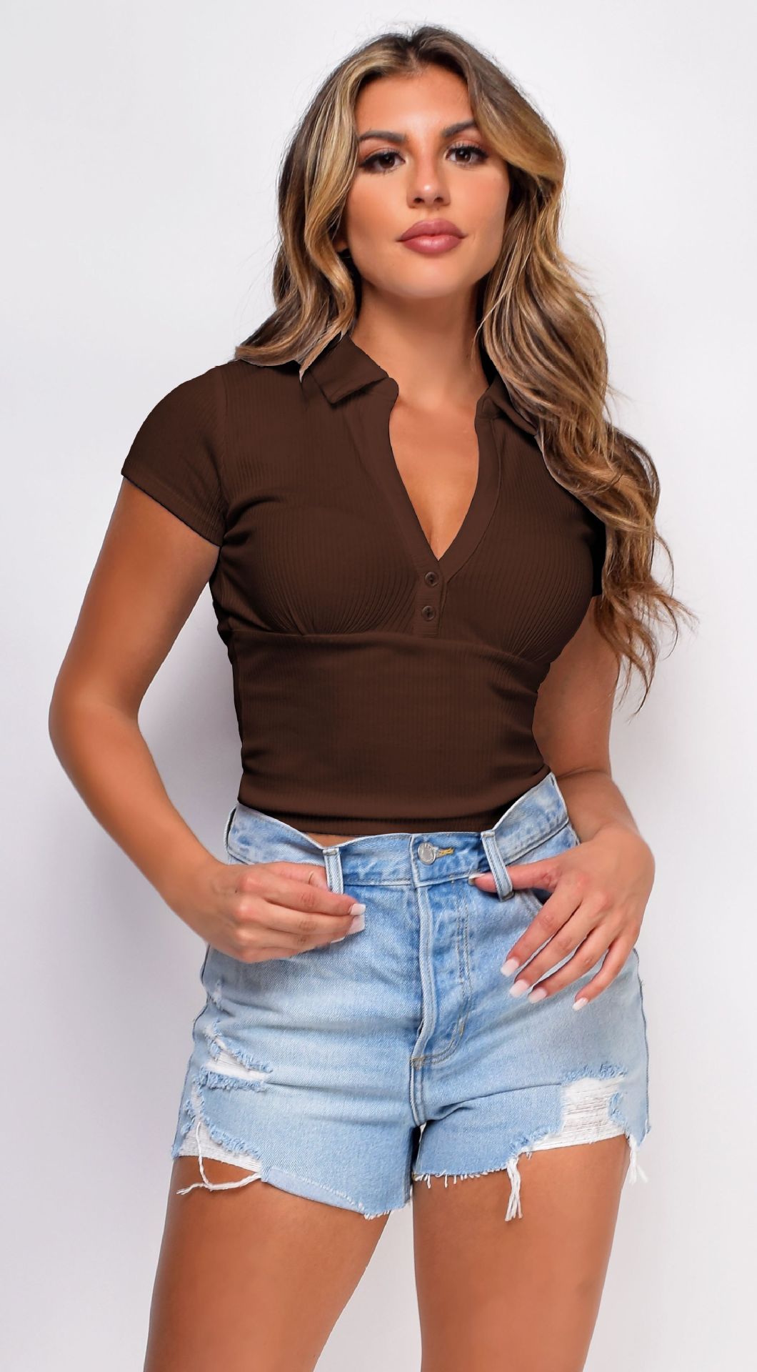 Moda europea y americana verano mujer retro chic recorte de la cintura sudadera corte corto polo manga corta casual camiseta top pic 65