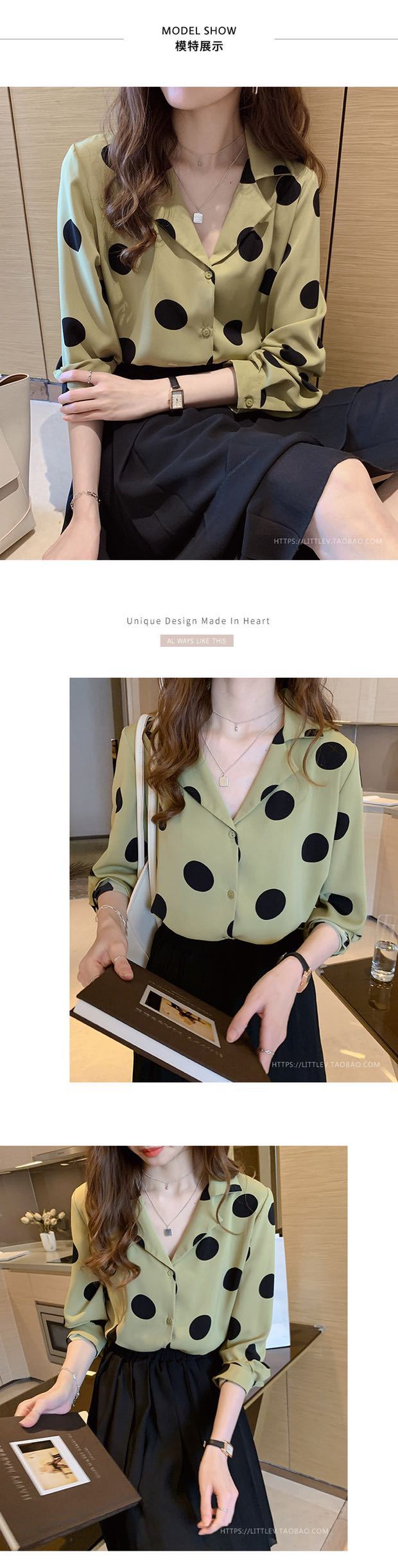 The 2022 Spring and Autumn new polka dot shirt for women is a retro Hong Kong-style top with a design sense and a light mature shirt as the base layer, making it a trendy choice pic 2