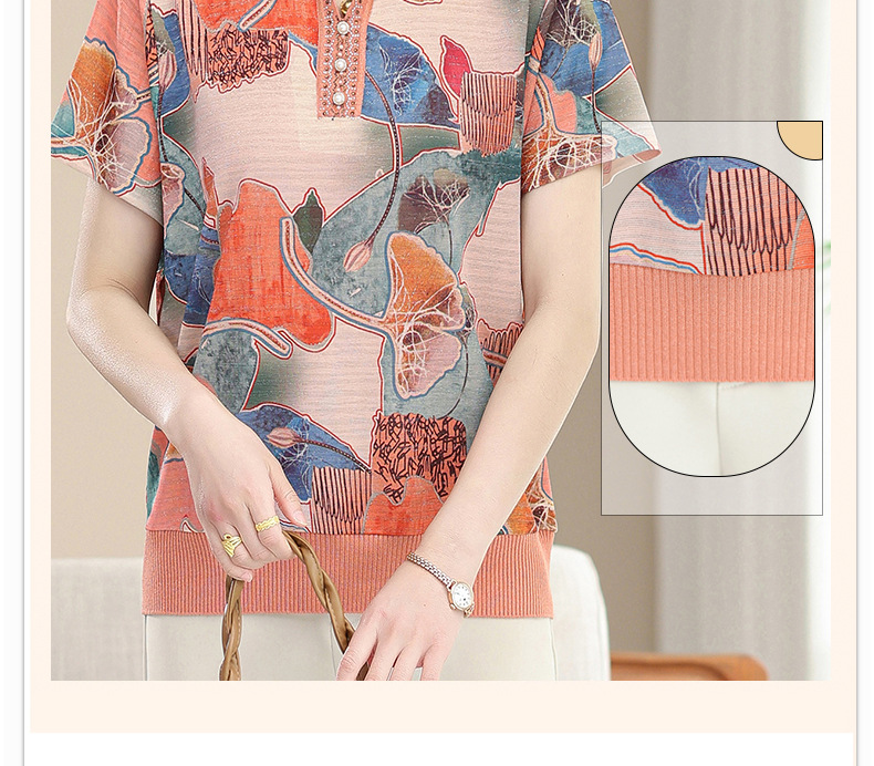 洋气妈妈装夏季短袖翻领T恤中老年人夏装宽松大码时尚印花小衫薄详情38