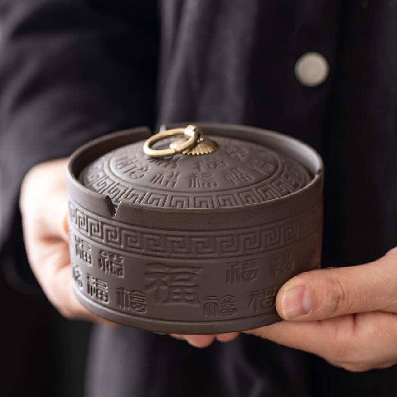 紫砂烟灰缸带盖中号防飞灰客厅办公灭烟神器复古陶瓷家居饰品详情1