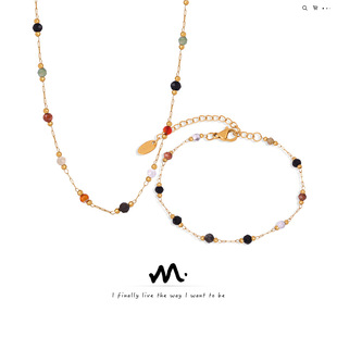 British-style retro, niche, individual, simple and versatile accessories, natural stone beaded, flower-shaped titanium steel jewelry set pic 6