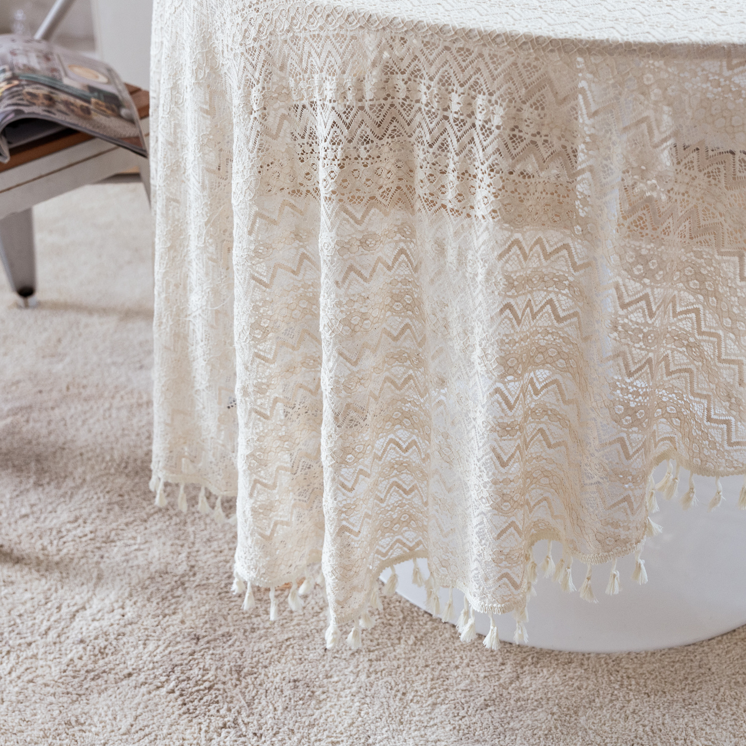 National trend retro hollowed-out lace cover fabric, ins style rectangular white country tablecloth, round table and small round tablecloth pic 26