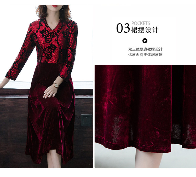 春秋新款女韩版宴会礼服妈妈装大码中年装长袖V领连衣裙 精品质量详情6