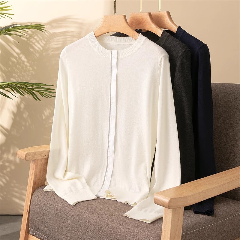 【 Fine-spun Wool 】 Beaded chain simple and intellectual patchwork long-sleeved thin wool knitted cardigan 24 early Autumn new style pic 1