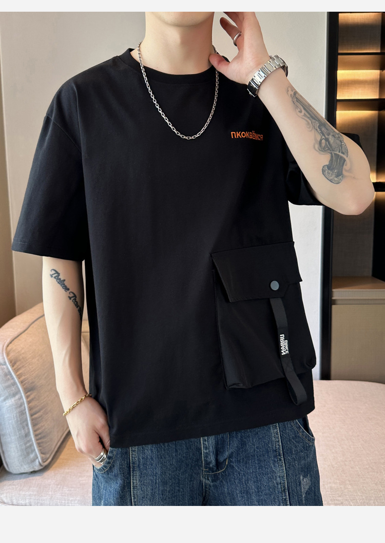 2024 Summer new short-sleeved T-shirt, thin, simple pocket, round neck, fashionable and trendy brand clothing, cool loose top pic 16