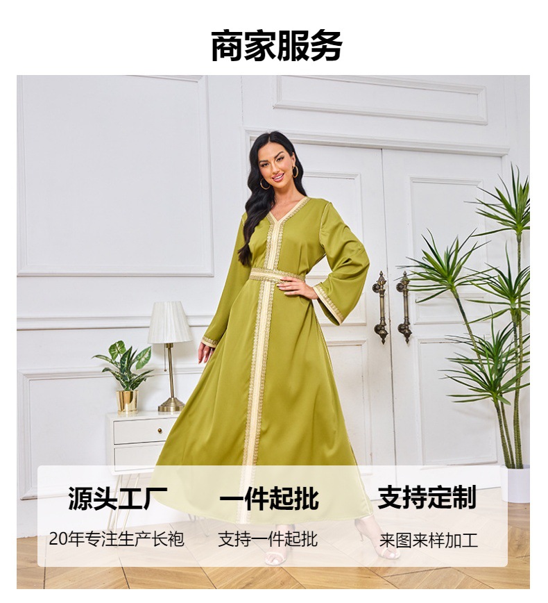 MT098中东外贸迪拜穆斯林长袍女装 刺绣金色珠片花边连衣裙 abaya详情13