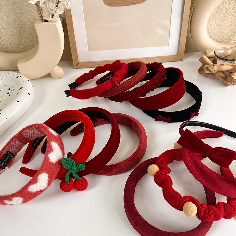 Red New Year hairband in Korean style, sweet and lively for the New Year. Wide high-head headband, stylish and versatile hairpin and hair accessory pic 5