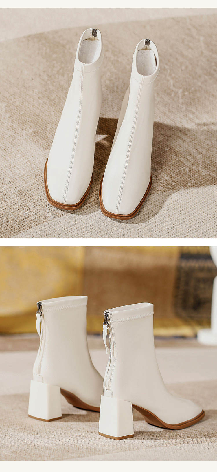 法式高跟短靴2023年新款粗跟时装靴子软皮白色春秋单靴方头瘦瘦靴详情15