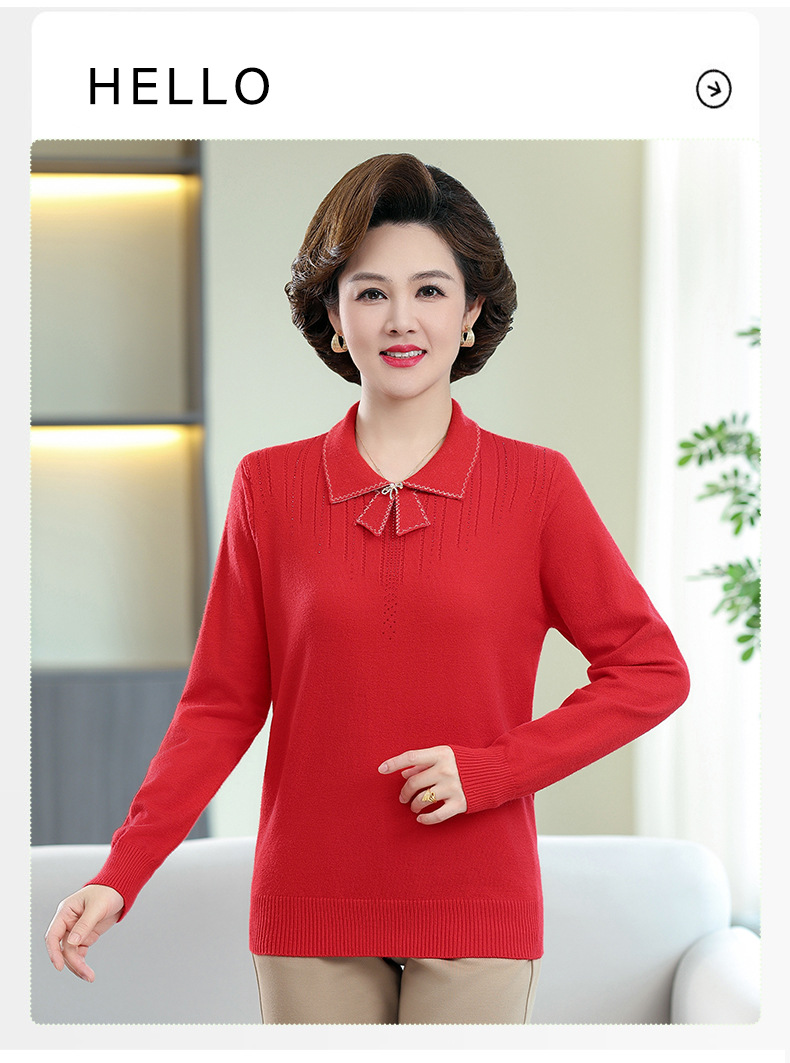 New autumn collection for middle-aged and elderly mothers: Solid color loose knitted pullover sweater with a baby collar for women. 2023 casual mom wear pic 38