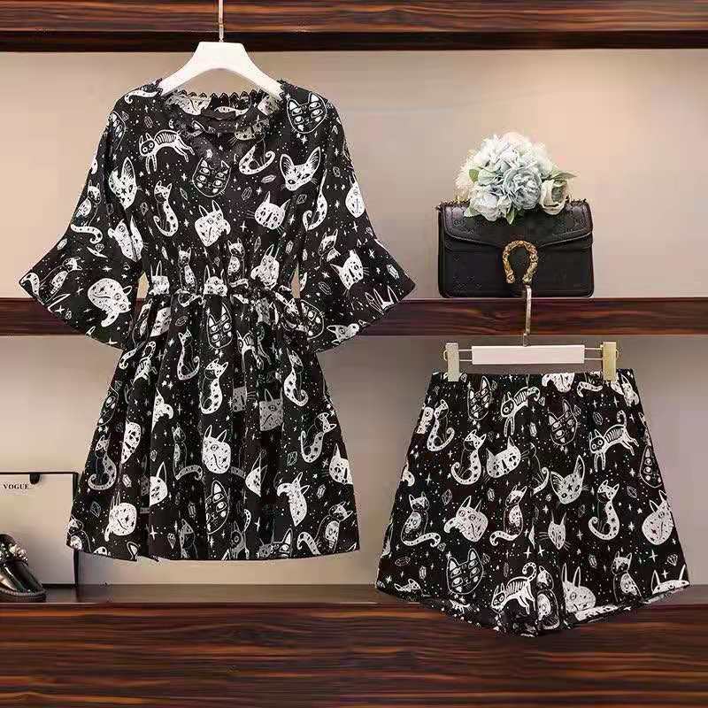 Belt-wearing Internet celebrity letter skirt and shorts set, chiffon plus-size dress, hot girl 2021 Summer Fashion set pic 2