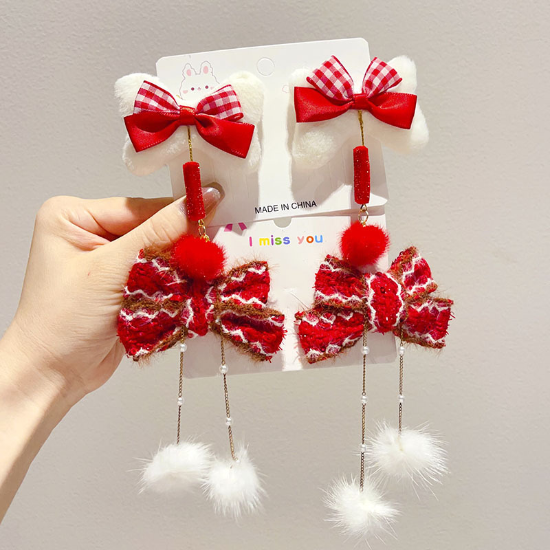 儿童红色貂绒发夹喜庆新年古风发饰女童宝宝春节汉服发卡少女头饰详情46