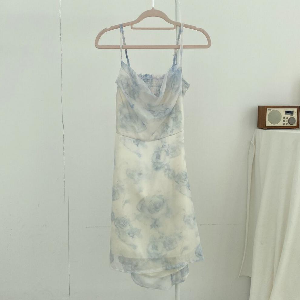 韩国chic夏季气质小清新水墨画印花镂空露背小个子雪纺吊带连衣裙详情15