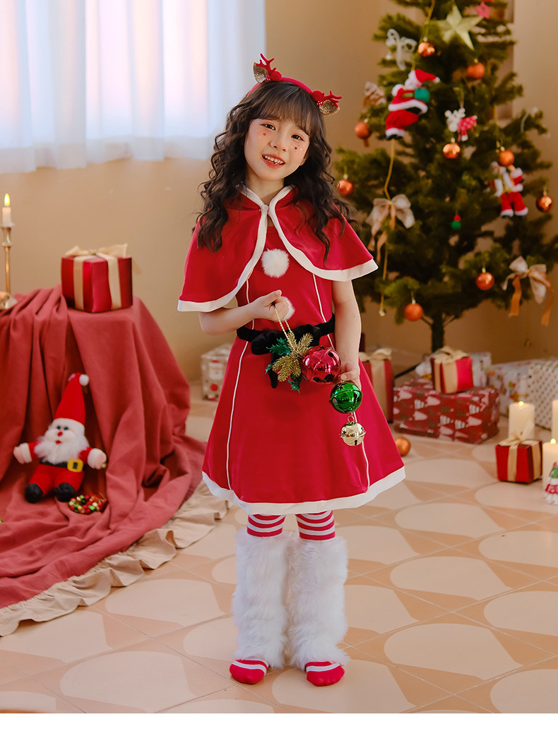 圣诞节儿童服装女童披肩斗篷连衣裙红色裙子派对装扮服饰圣诞老人详情4