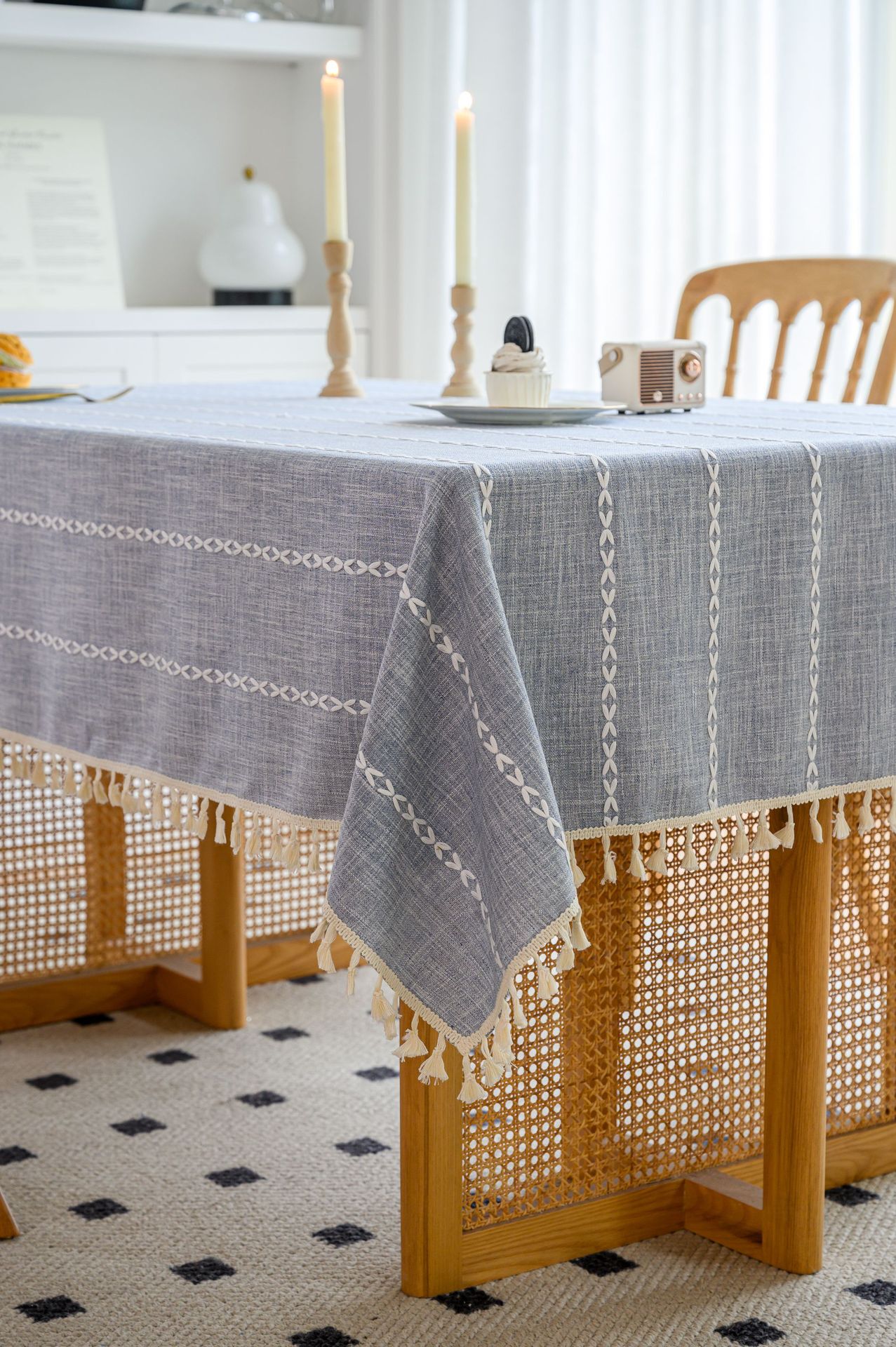 Cross-border three-dimensional embroidered striped tablecloth, popular black solid color, white cotton and linen tablecloth cover, fabric outdoor party pic 56