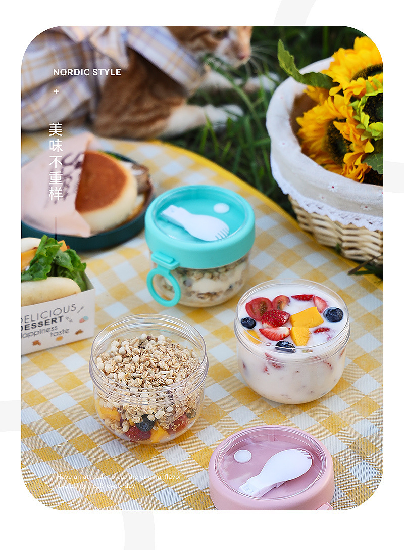 ins风全透明水杯早餐燕麦杯 便携带盖密封手提大容量带餐具随手杯详情9