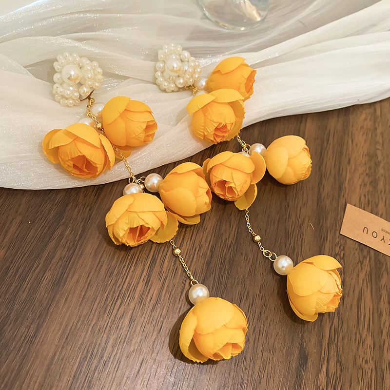 Silver needle yellow flower tassel stud earrings, super fairy-like spring and summer sweet earrings, fashionable, light luxury and high-end earrings for women pic 27