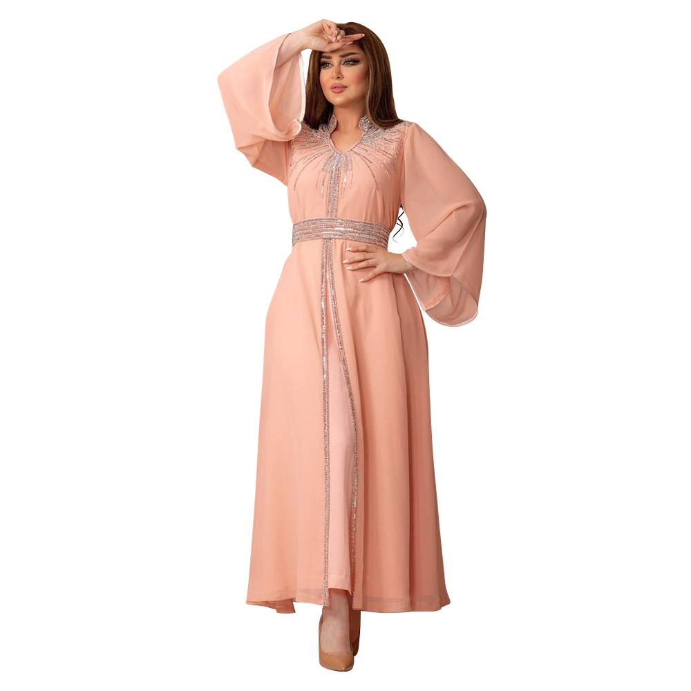 XQY500090 Foreign trade Arab robe, Middle East kaftan fashion Hot diamond belted chiffon dress pic 20