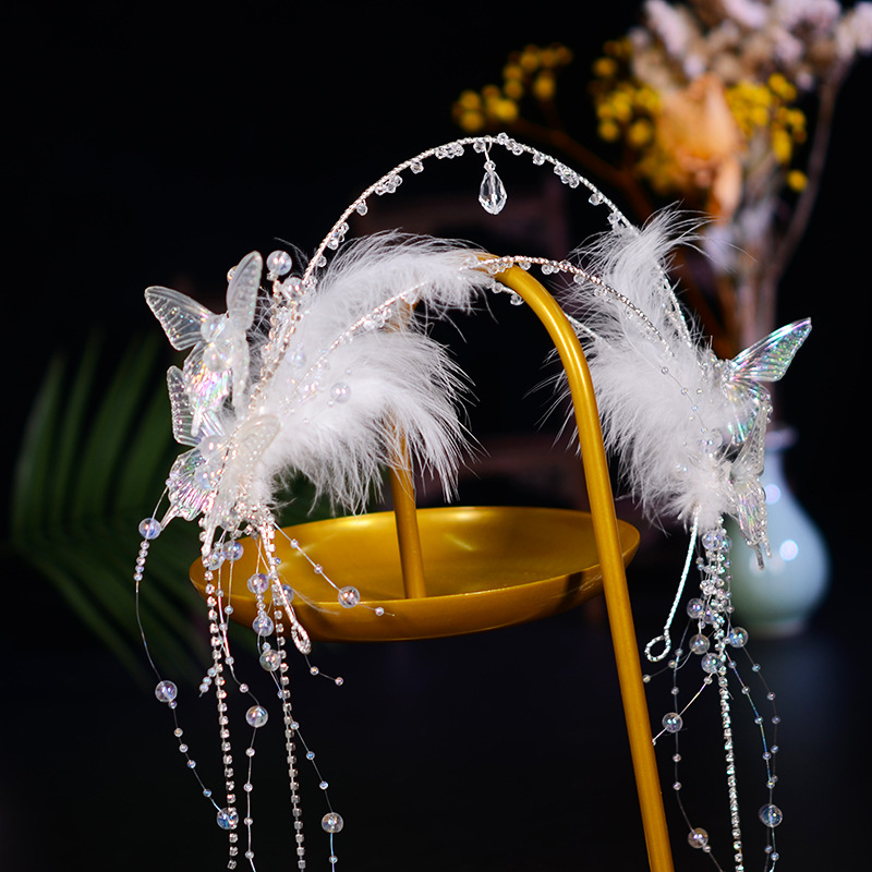 Handcrafted original Hanfu headband headwear, butterfly tassels, ancient and ethereal style for young girls, white feather headwear, lazy headband pic 1