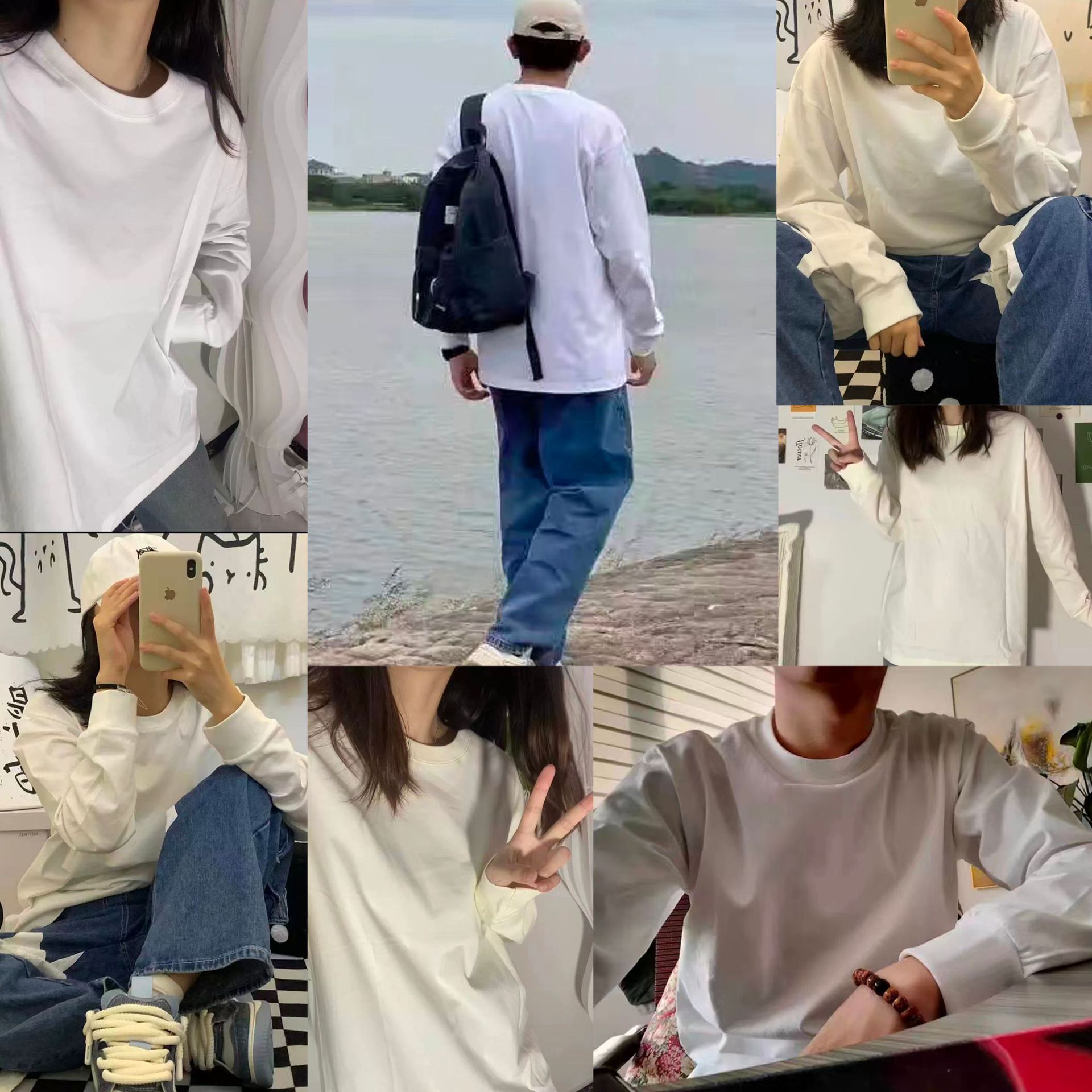 重磅长袖t恤女纯棉厚实宽松纯色白色春秋卫衣日系圆领打底衫代发详情2
