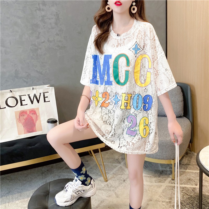 A real photo of a fresh and semi-transparent flower-patterned short-sleeved T-shirt for women in 2022 summer. A very ethereal Korean-style base layer pic 7