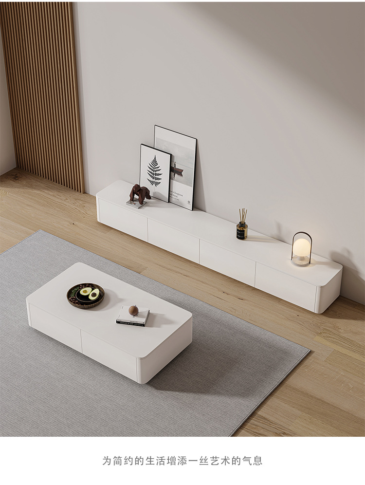 奶油风白色轻奢实木电视柜茶几组合家用小户型悬空电视柜客厅地柜详情5