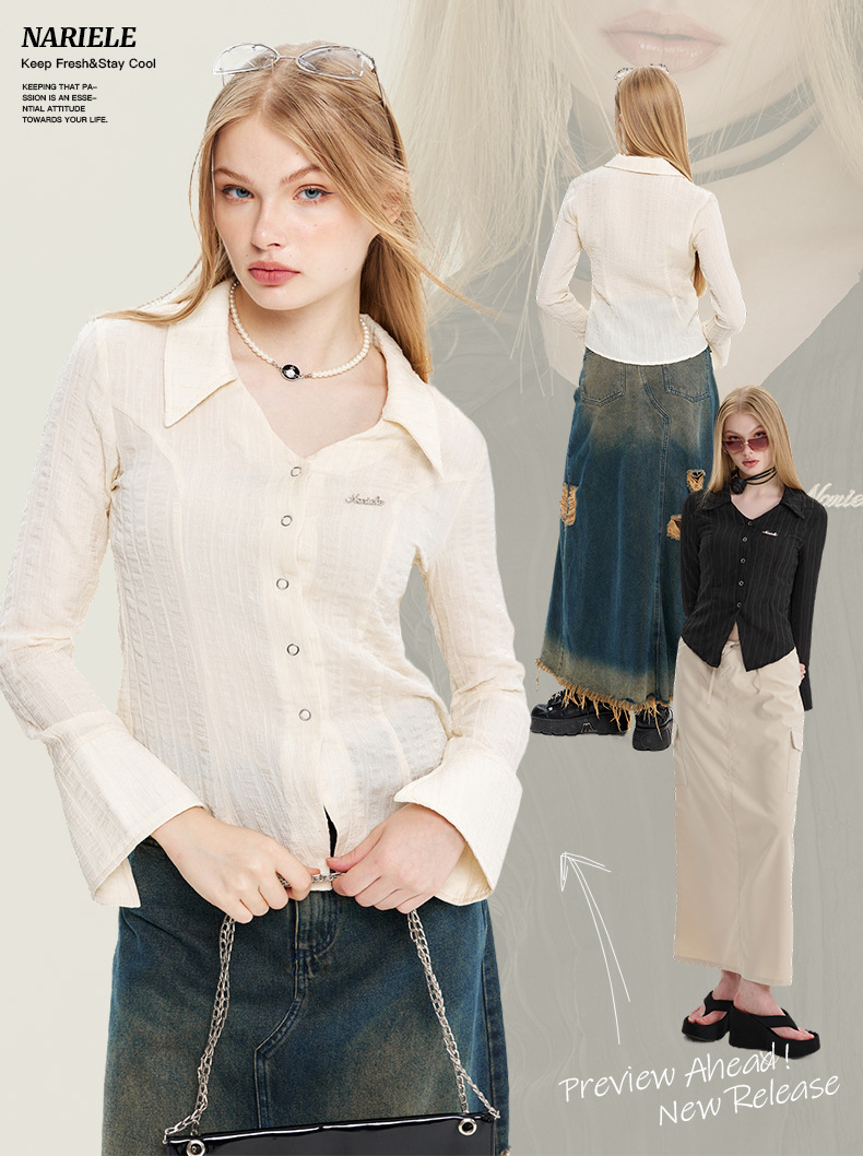 Nariele 洋气薄款开衫V领春秋短款衬衫女御姐风修身长袖韩系上衣详情2